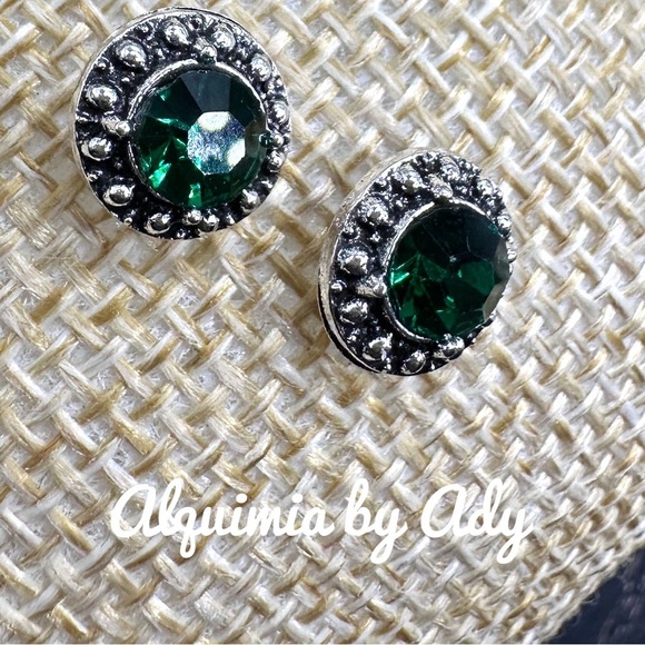 Emerald Green Halo Stud Earrings with Diamond Accents - Picture 1 of 1